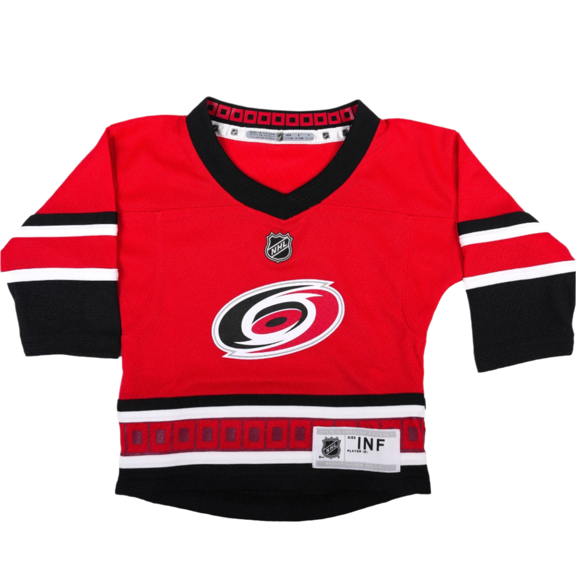 red jersey with black and white trim, Primary logo on front