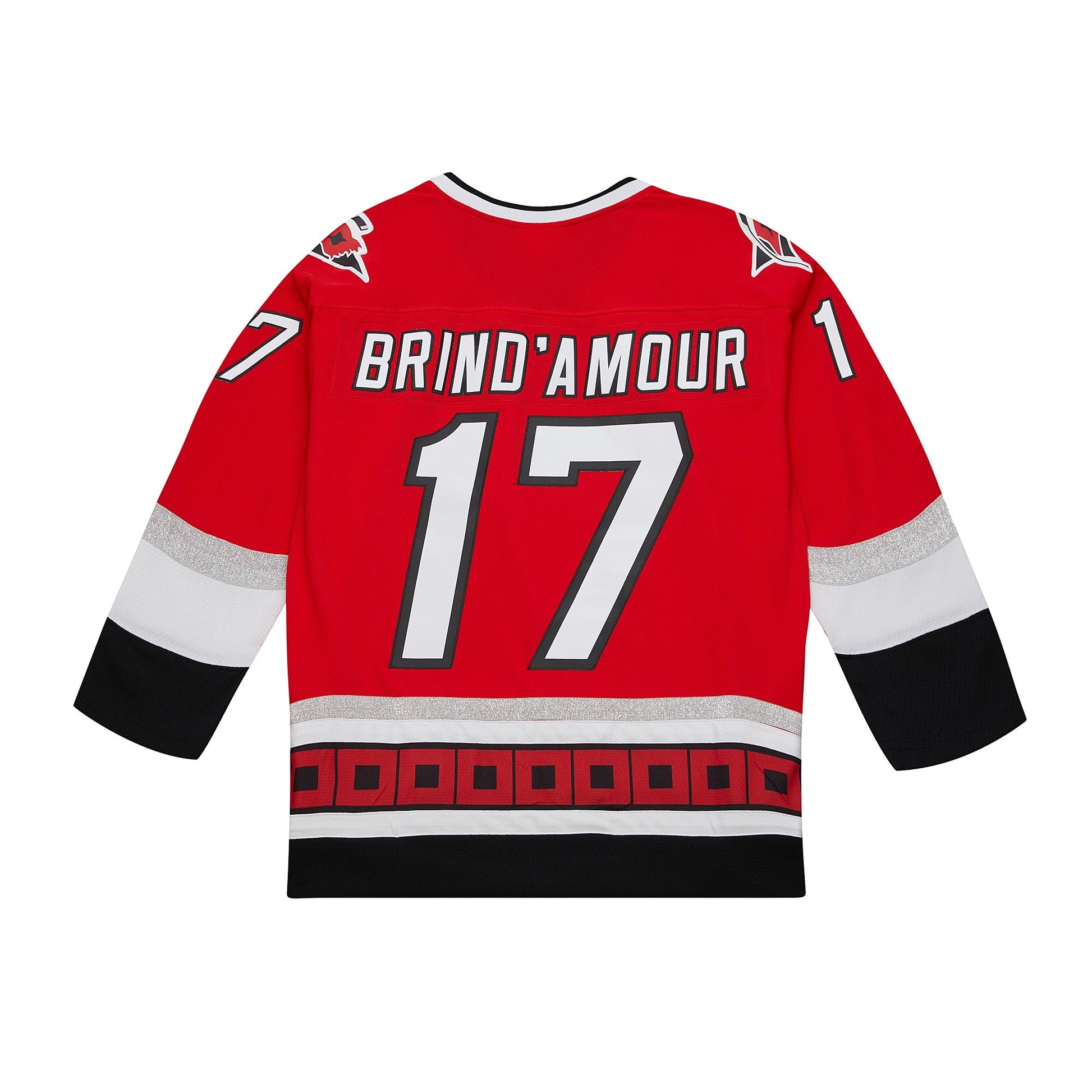 red jersey with black white silver and flag stripe pattern, Brind'Amour 17 on back