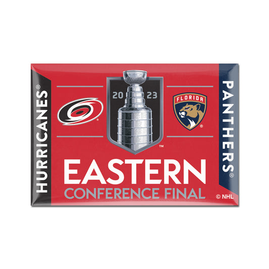 Red magnet with Hurricanes and Panthers logos with 2023 Eastern Conference Final logo in middle