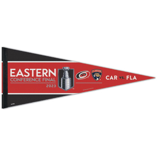 Red black and white matchup pennant with Eastern Conference Final logo and Hurricanes Panthers logos
