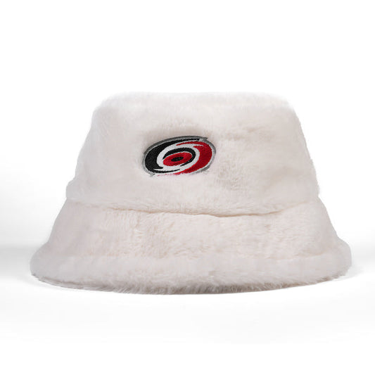 White fur bucket hat with Hurricanes primary logo on front