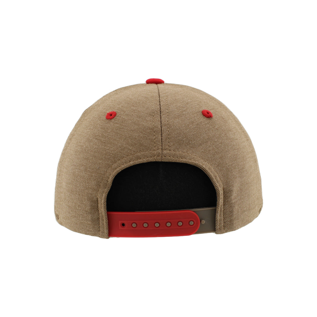 Back: Brown hat with red and brown snapback straps, red eyelets and crown