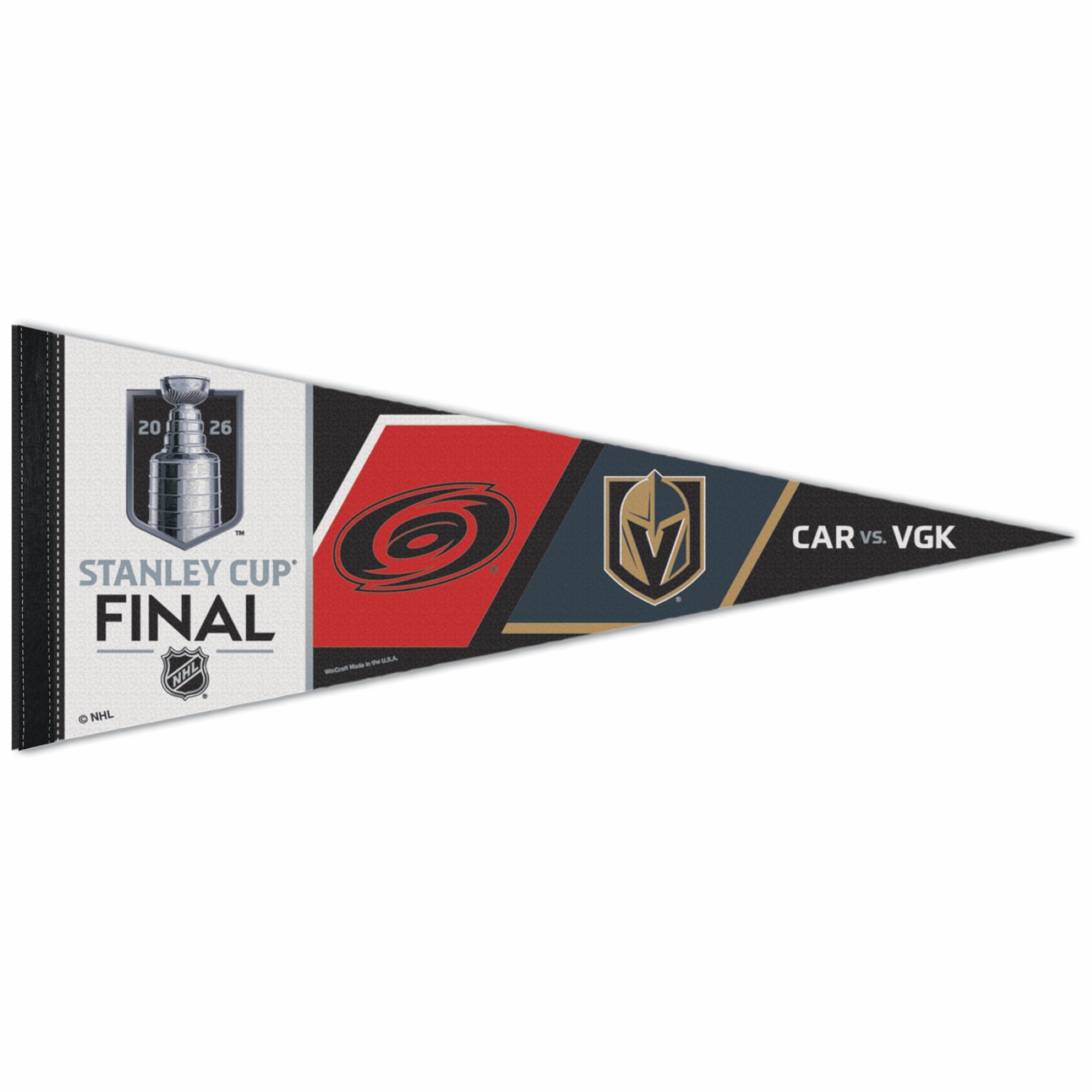 Black/white matchup pennant of Hurricanes/Golden Knights with Stanley Cup FInal logo