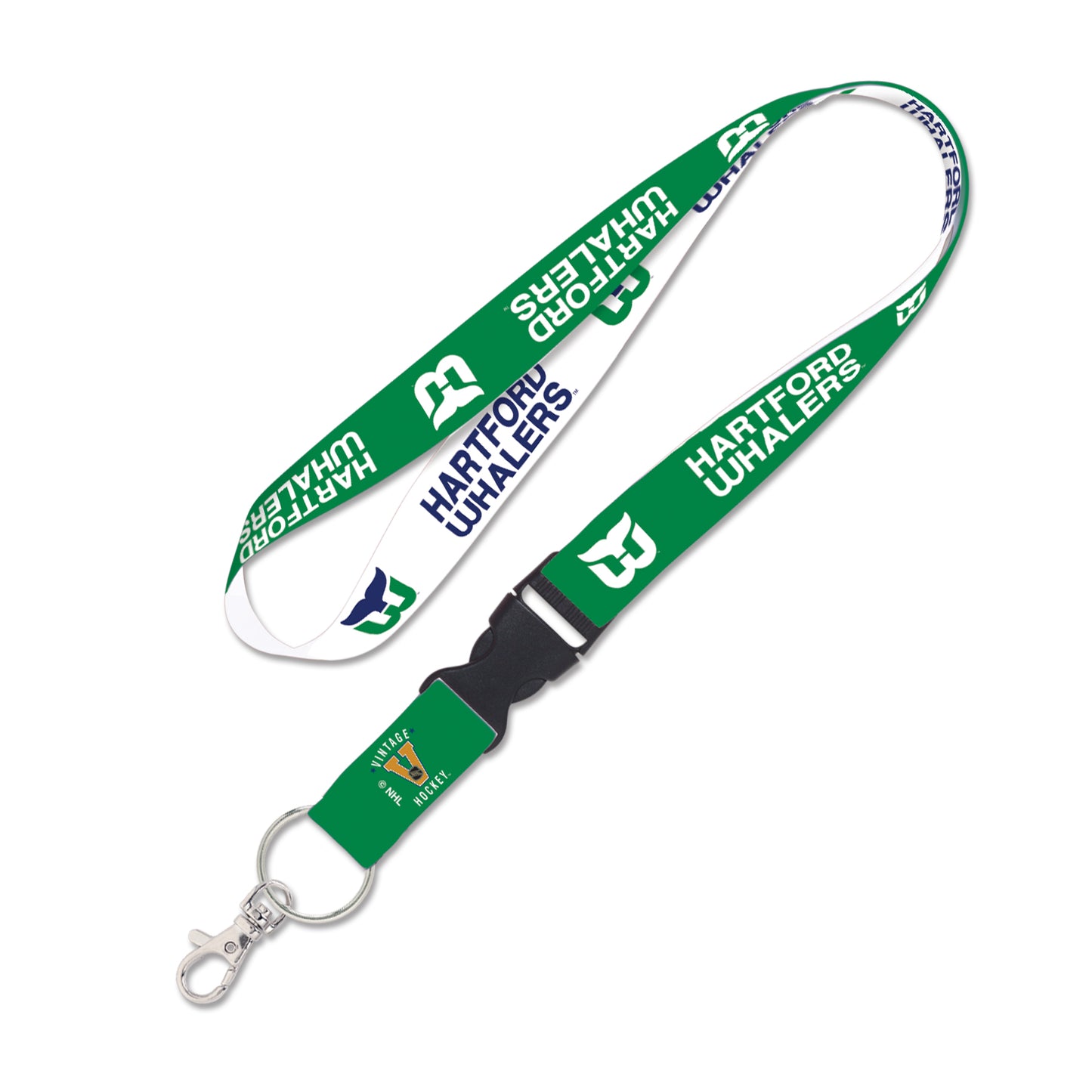 Green/white lanyard; repeating Whalers Tail logo and Hartford Whalers wordmark