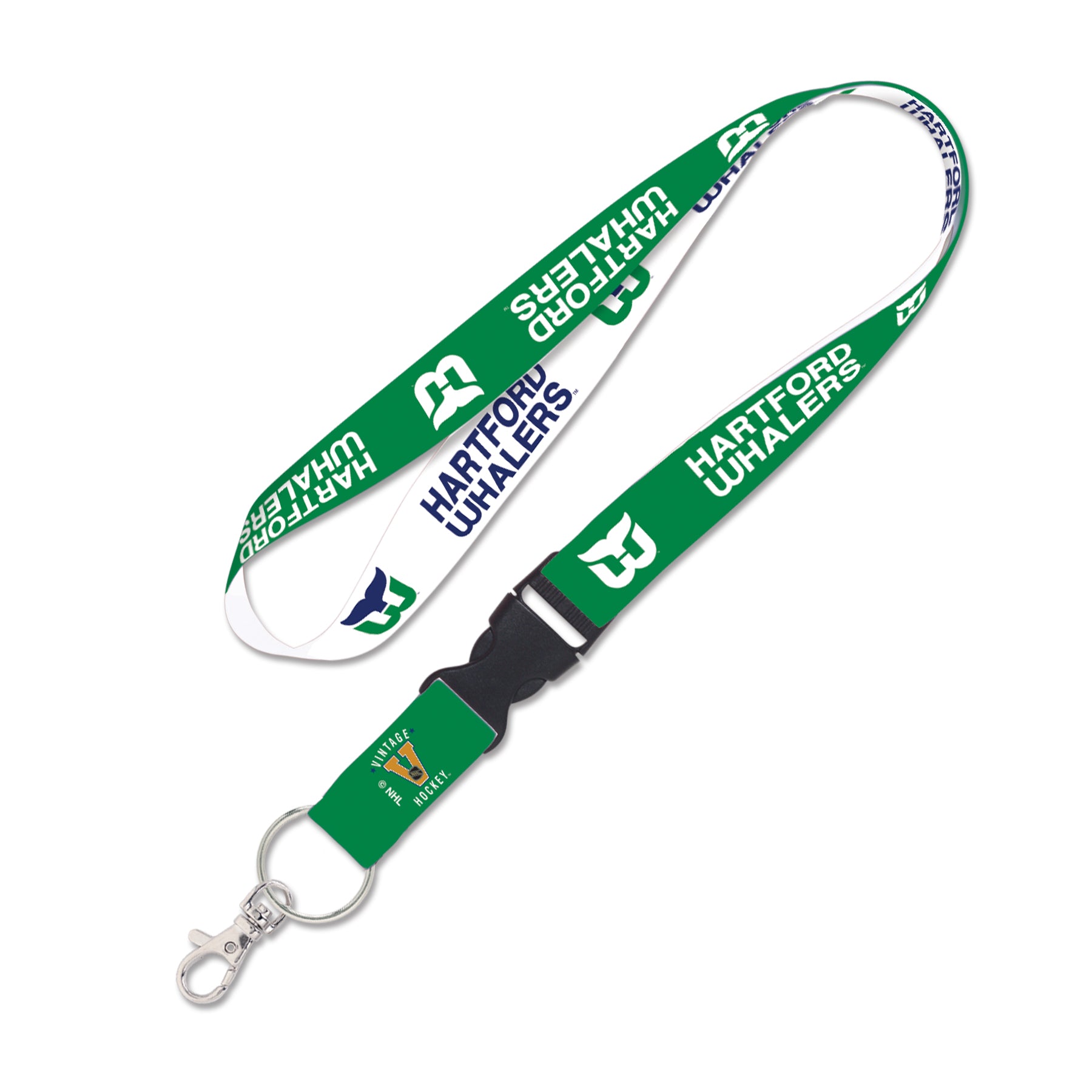 Green/white lanyard; repeating Whalers Tail logo and Hartford Whalers wordmark