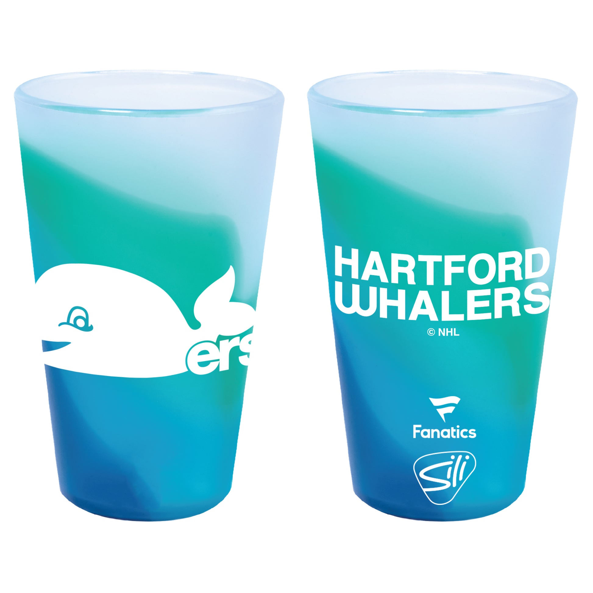 Blue/green silicone pint glass, Pucky Whalers logo on front, Whalers wordmark on back