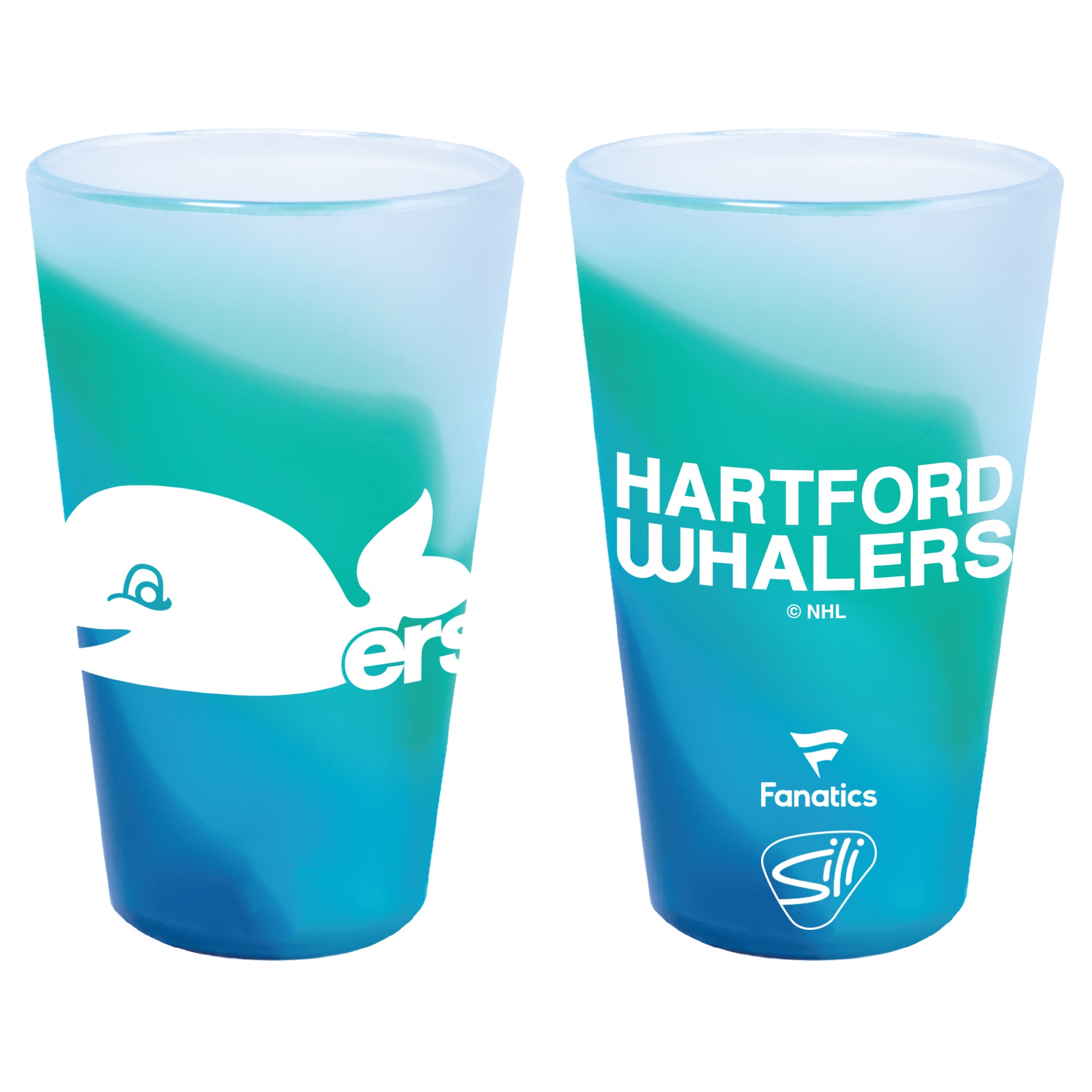 Blue/green silicone pint glass, Pucky Whalers logo on front, Whalers wordmark on back