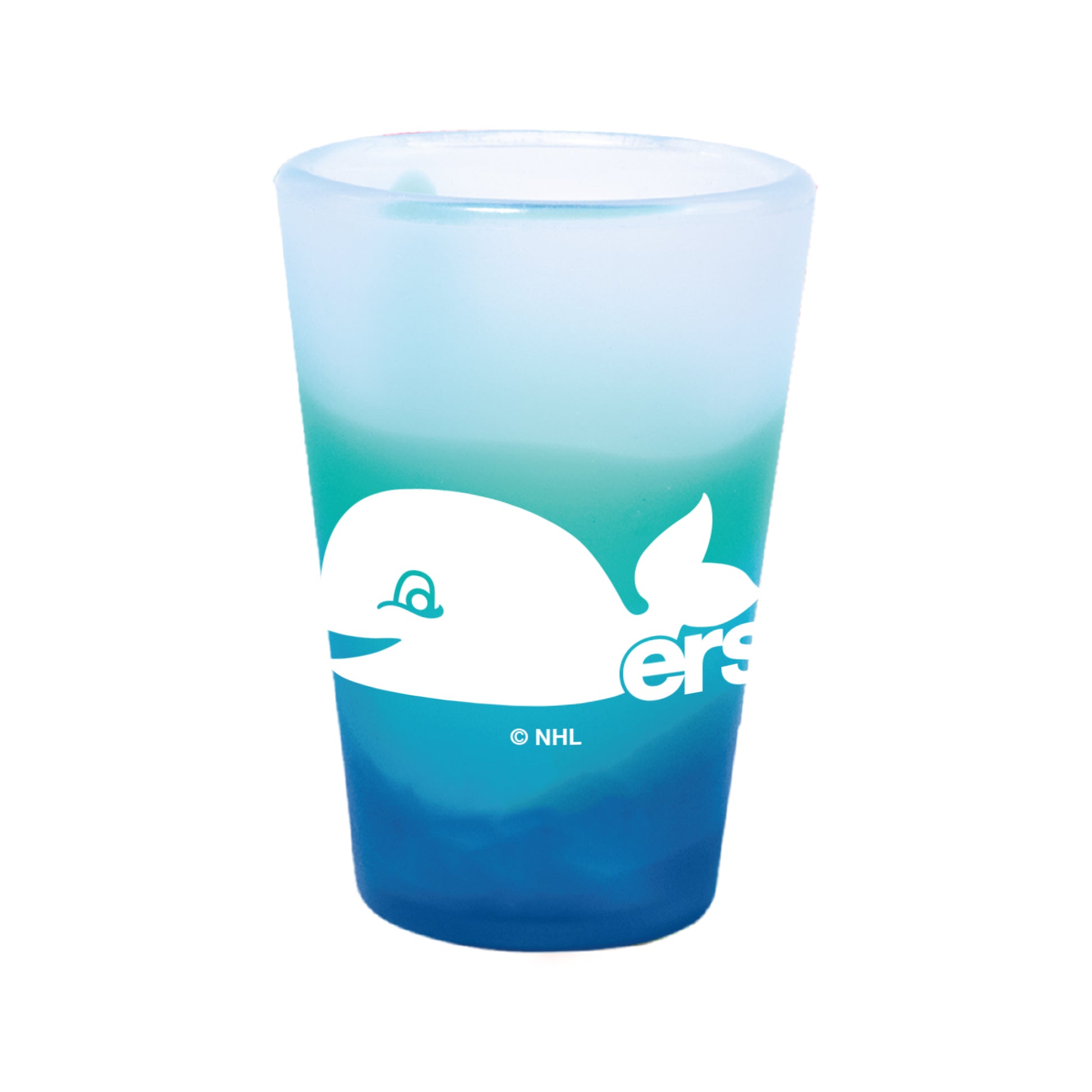 Blue/green silicone shot glass with Pucky Whalers logo