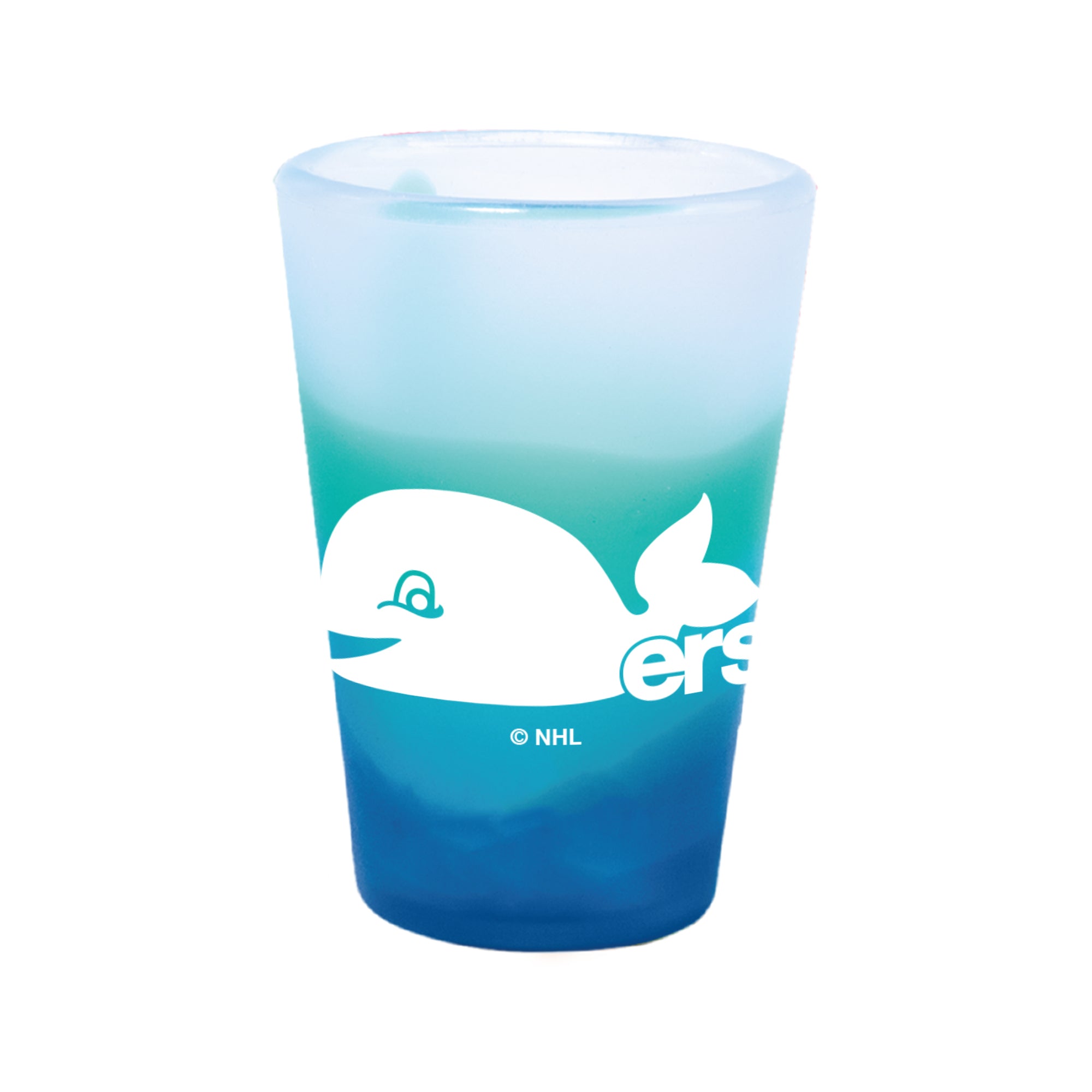 Blue/green silicone shot glass with Pucky Whalers logo