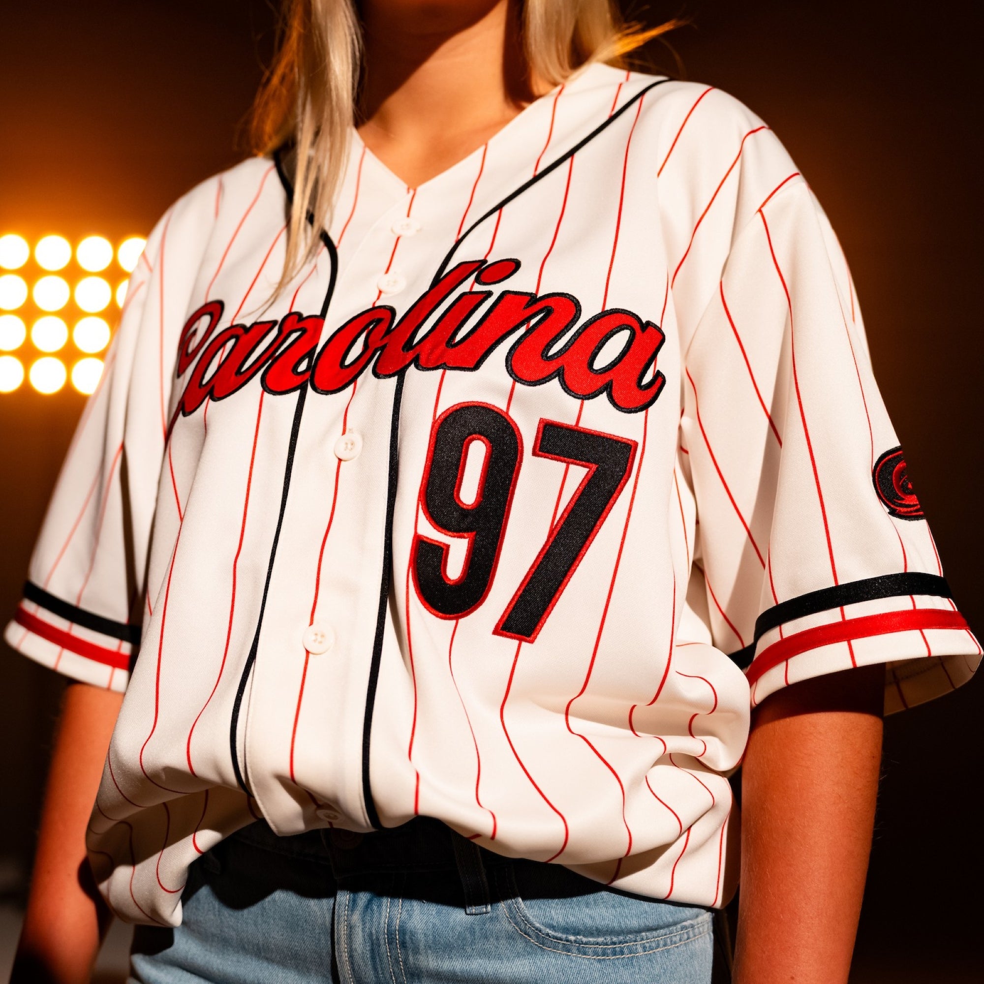 Close up of the front of the jersey, worn by a model
