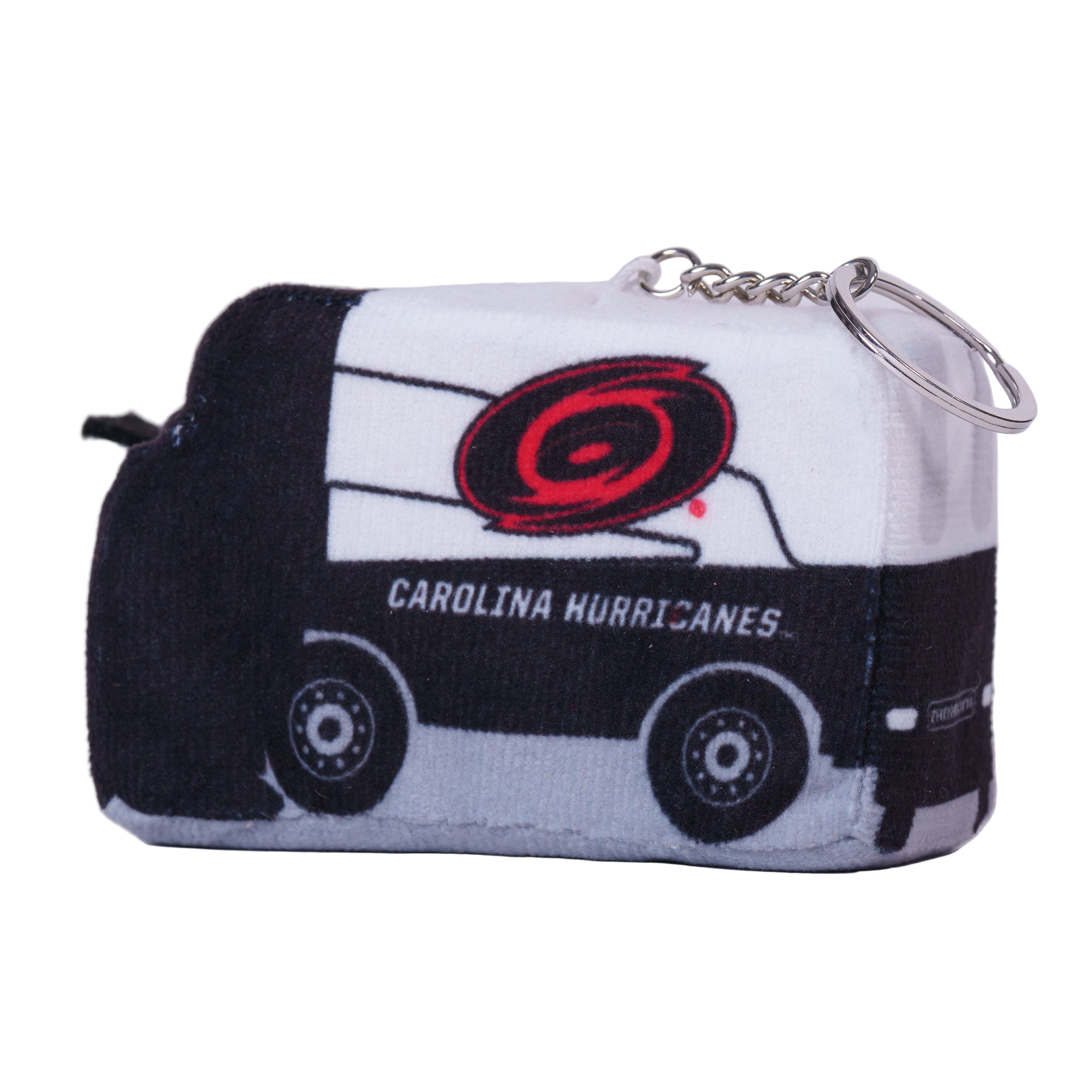 Plush keychain of white/black zamboni, Tonal Primary logo & "Carolina Hurricanes" wordmark on side