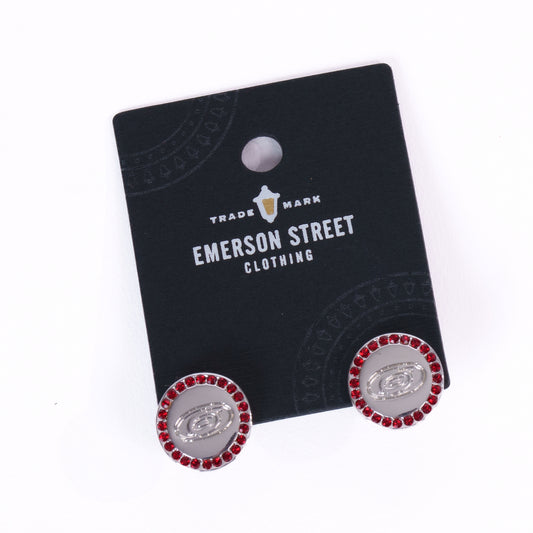 Silver and red earrings with Primary logo in silver