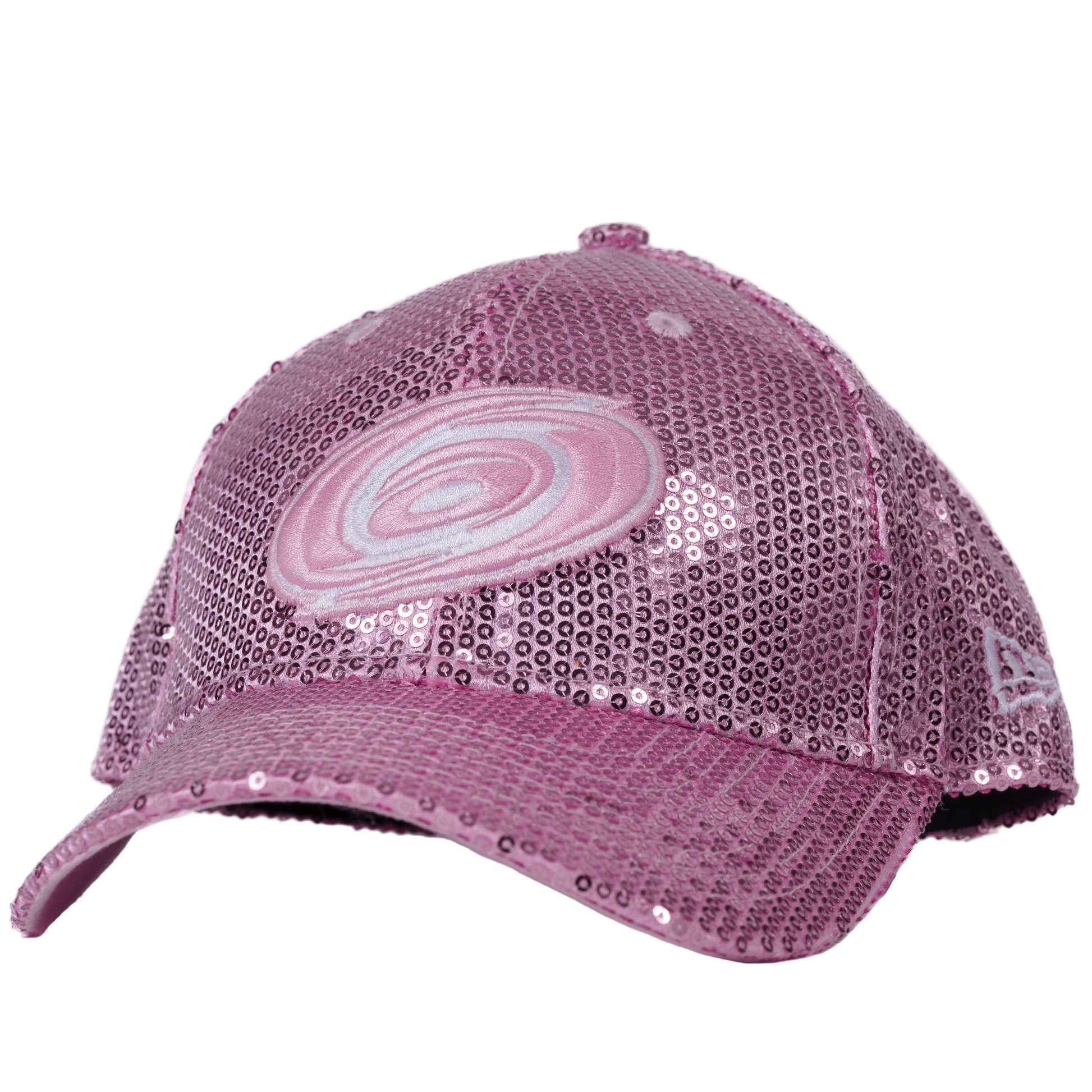 Pink sequin hat with pink and white Hurricanes primary logo on front
