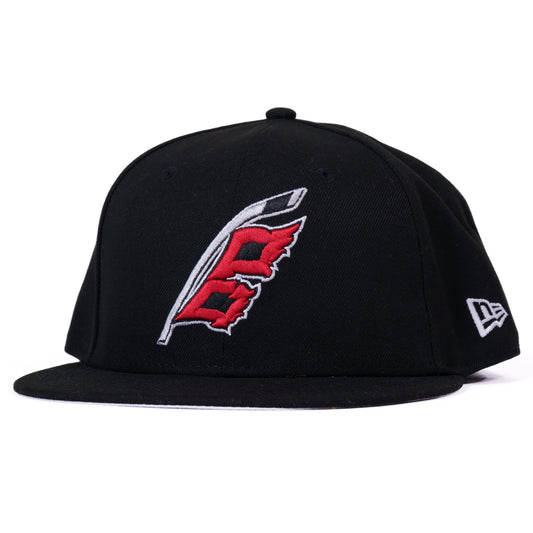 Front: Black flat-brimmed hat with Flags logo on front