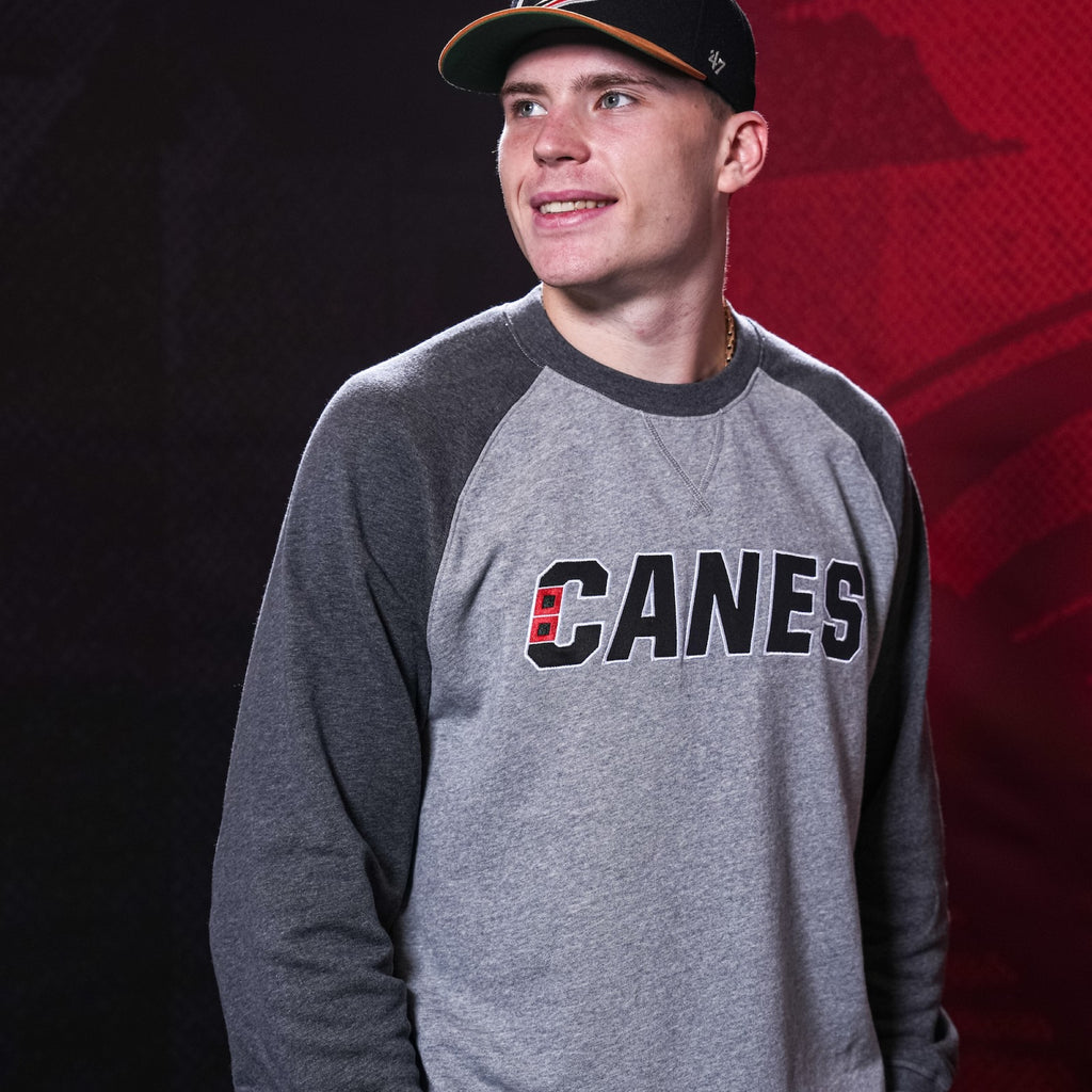 The crewneck being worn by Hurricanes defenseman Alexander Nikishin