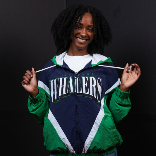 Front: Green and blue windbreaker with white trim, "Hartford WHALERS" across chest