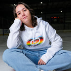 The hoodie being worn by a model who is sitting on an ice rink