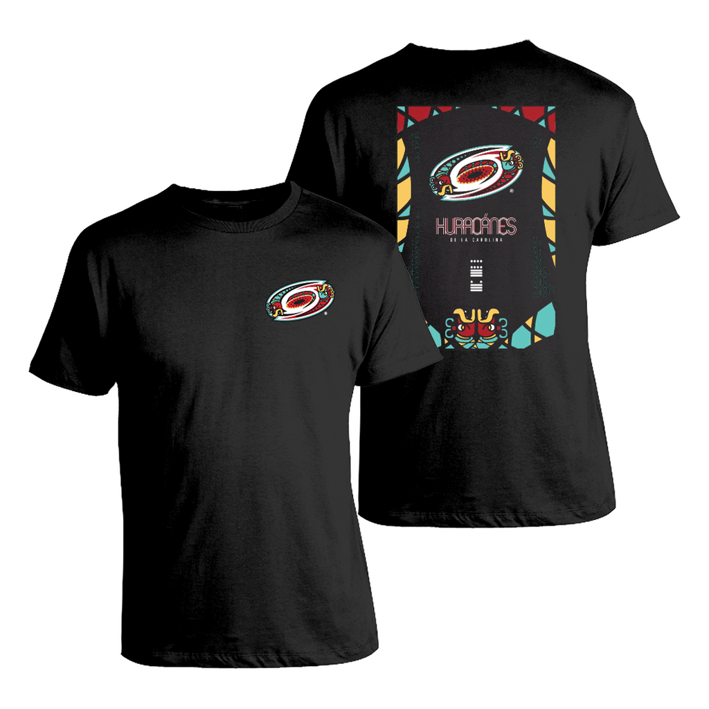 Front/Back: Black tee, 'Hurricanes de la Carolina' artwork on front & back