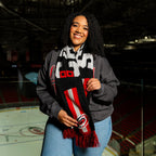 The scarf being worn by a model at the Lenovo Center