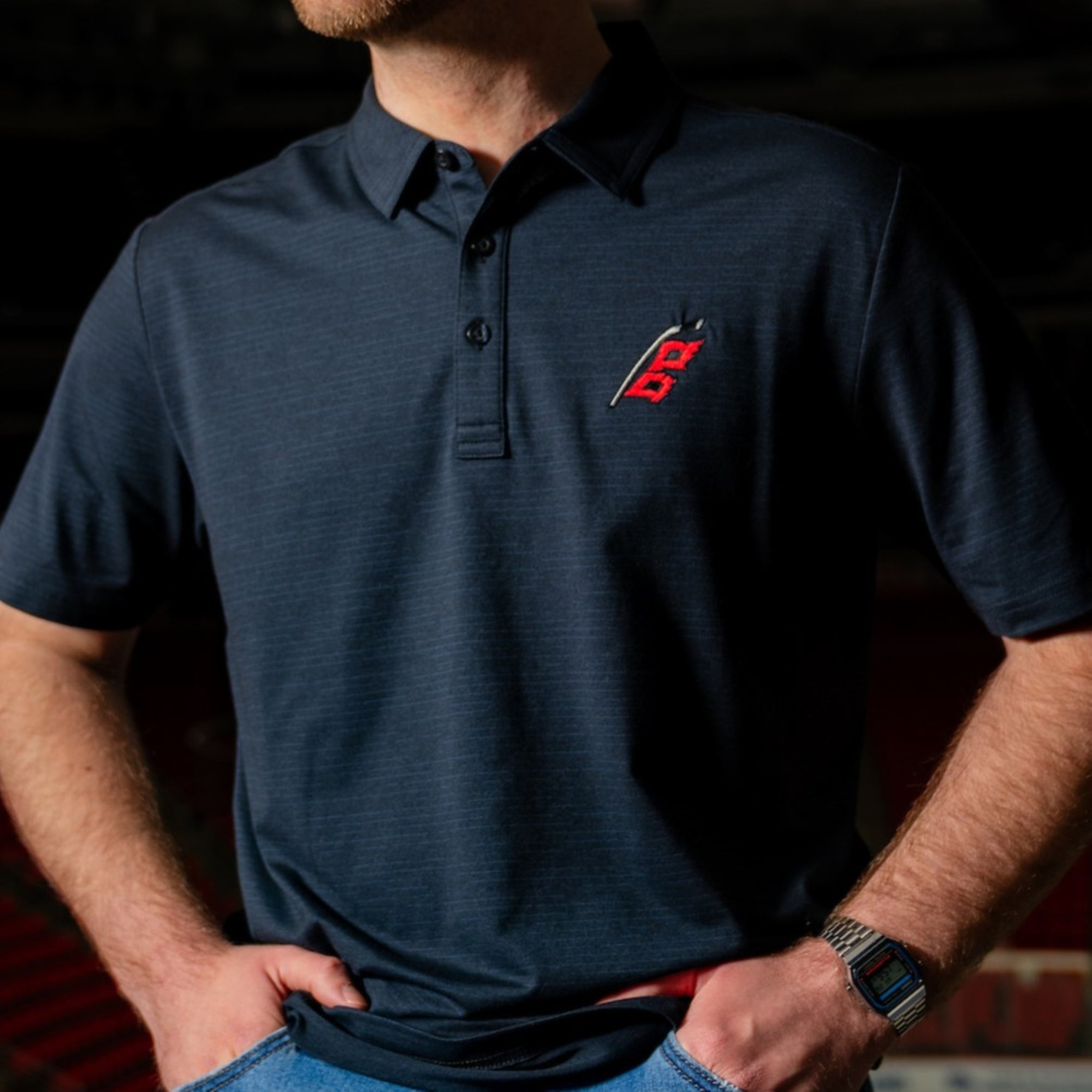 Black polo, Flags logo on left chest