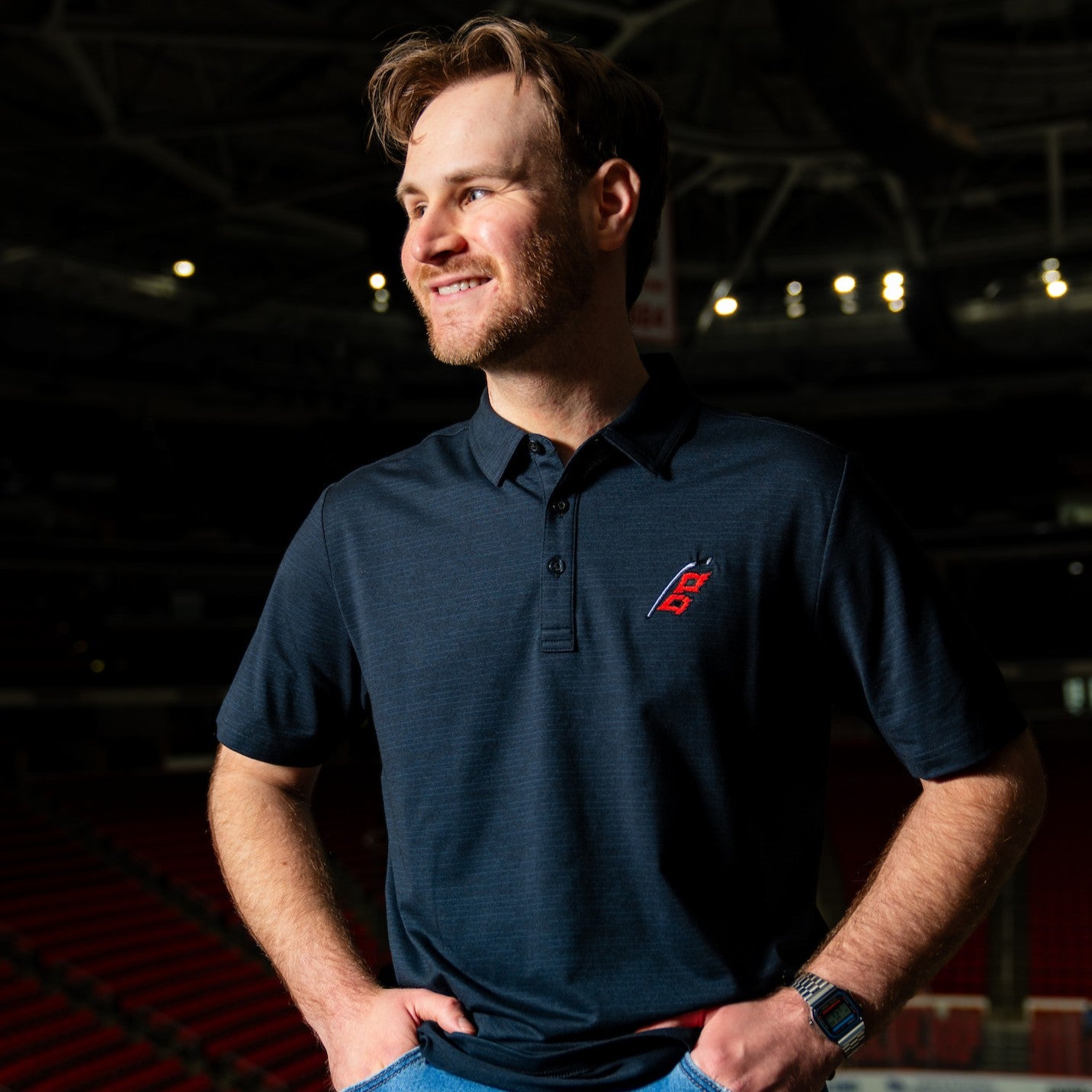 The polo being worn by a model in the Lenovo Center