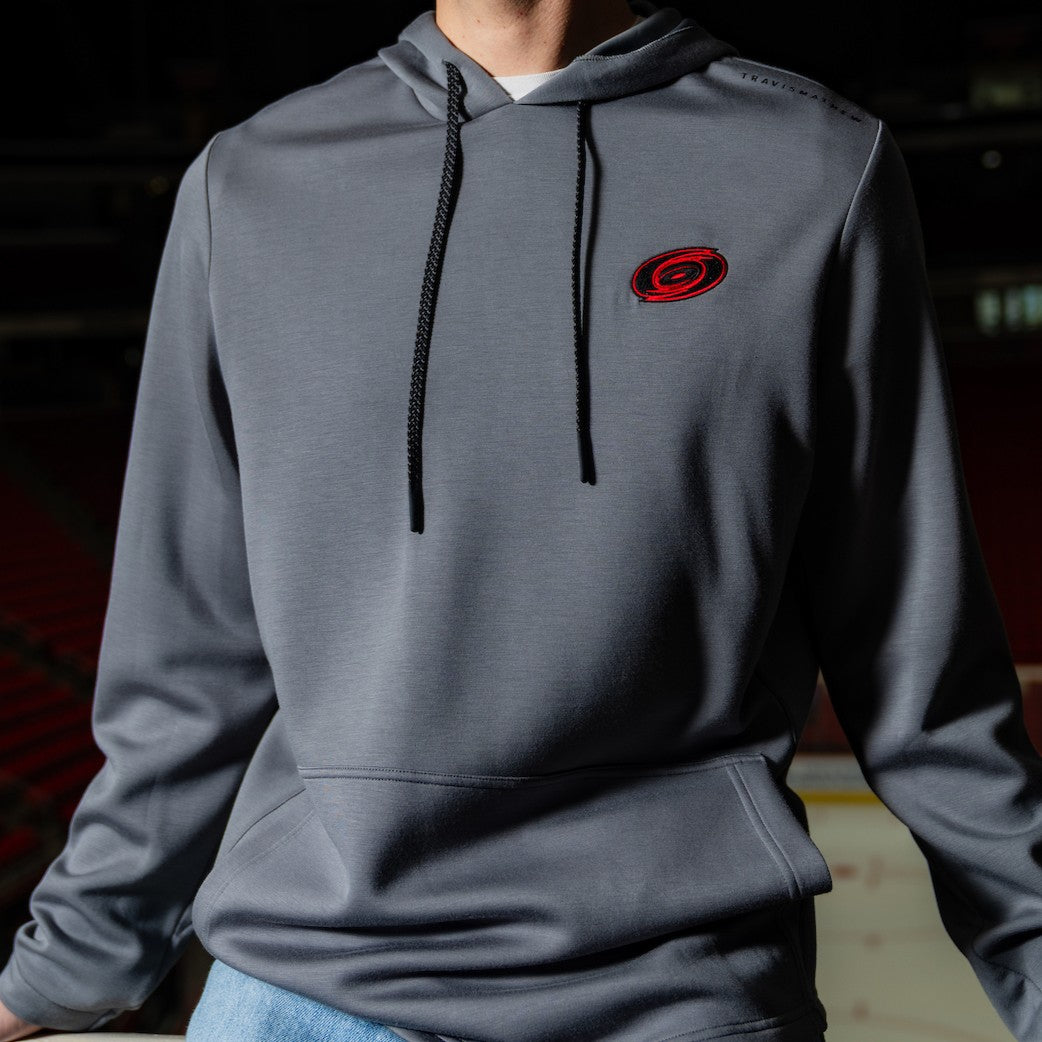 Gray pullover hoodie with gray strings, Tonal primary logo on left chest