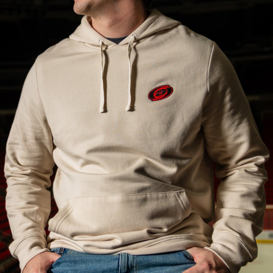 Cream pullover hoodie, strings at neckline, Tonal logo on left chest