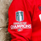 Close up of 2026 Stanley Cup Champions logo patch on right sleeve