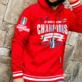 Front: Red hoodie, white striping at waist/wrists, Stanley Cup Champions artwork on front
