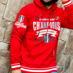 Front: Red hoodie, white striping at waist/wrists, Stanley Cup Champions artwork on front