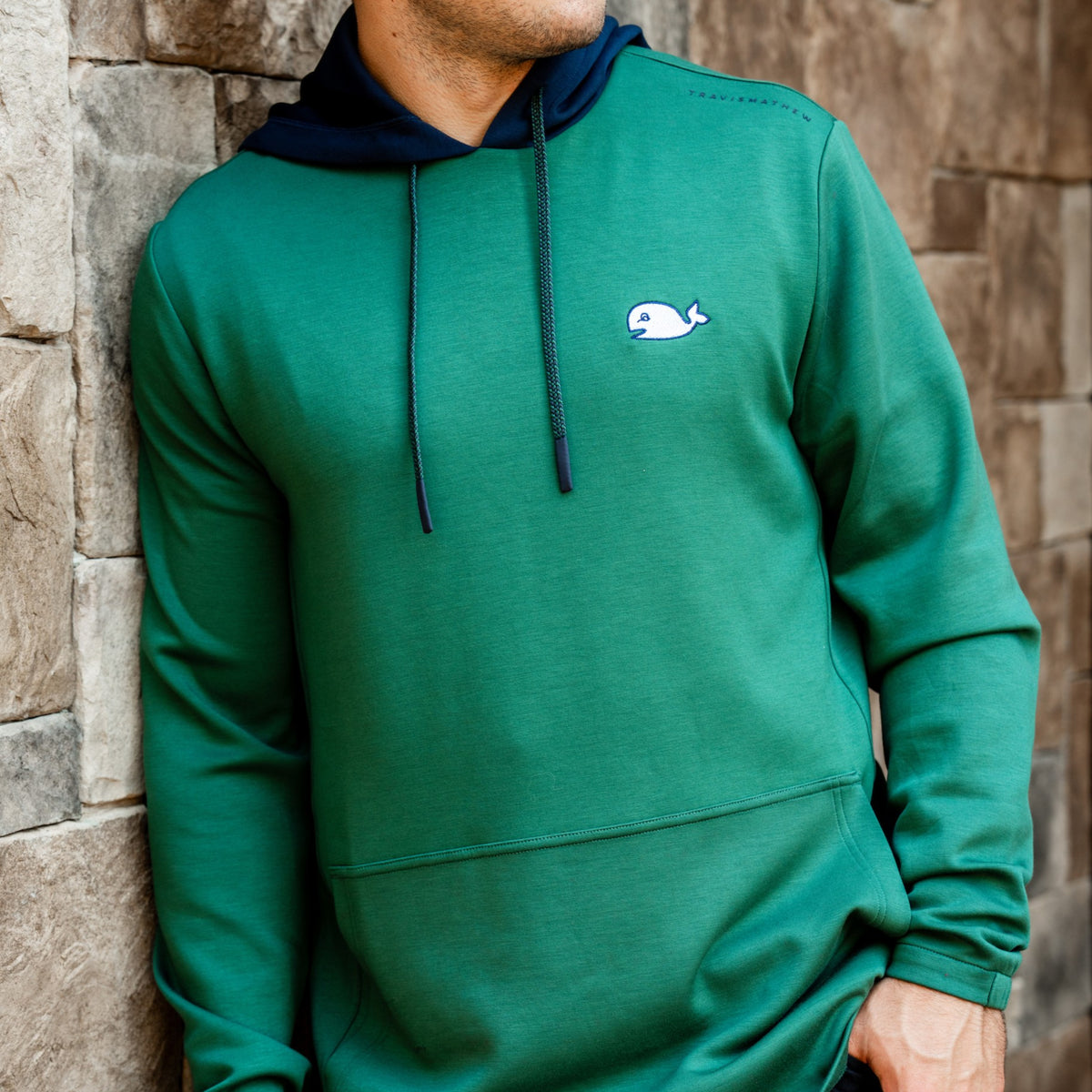 Green hoodie with dark blue strings/hood, wihte Pucky logo on left chest