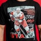 Black graphic tee, artwork of Jordan Staal; "CONN SMYTHE TROPHY WINNER STANLEY CUP PLAYOFFS MVP 2026"