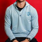 Baby blue quarter-zip with hood, Whalers Tail logo left chest in baby blue, pattern in hood