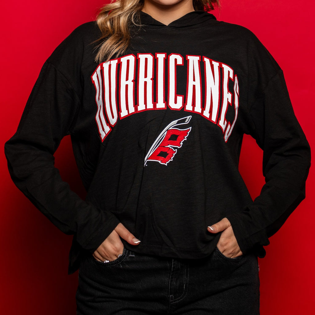 Black lightweight pullover hoodie, "HURRICANES" in white/red arched with Flags logo beneath on front