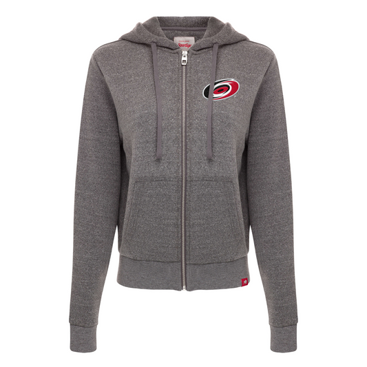 Gray full zip hood with primary logo on left chest, Sportiqe tag at waist