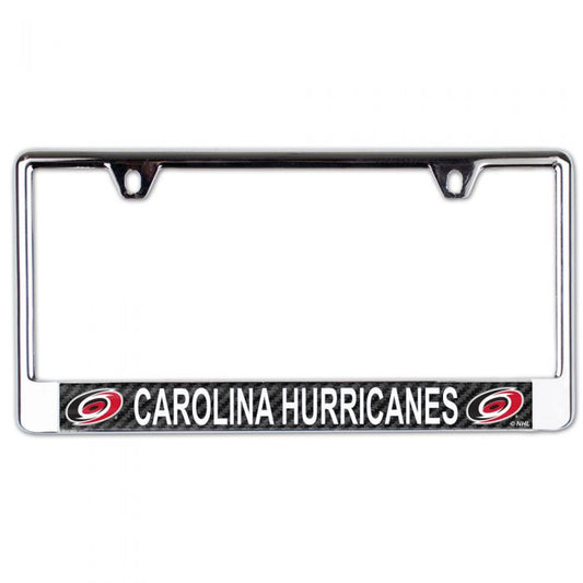 license plate frame with black accent at bottom that says Carolina Hurricanes with primary logo