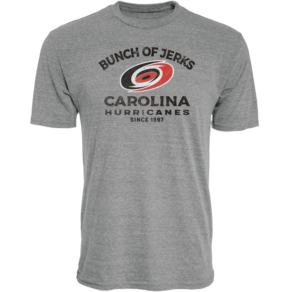 Gray tee, "BUNCH OF JERKS CAROLINA HURRICANES SINCE 1997" in black with Primary logo