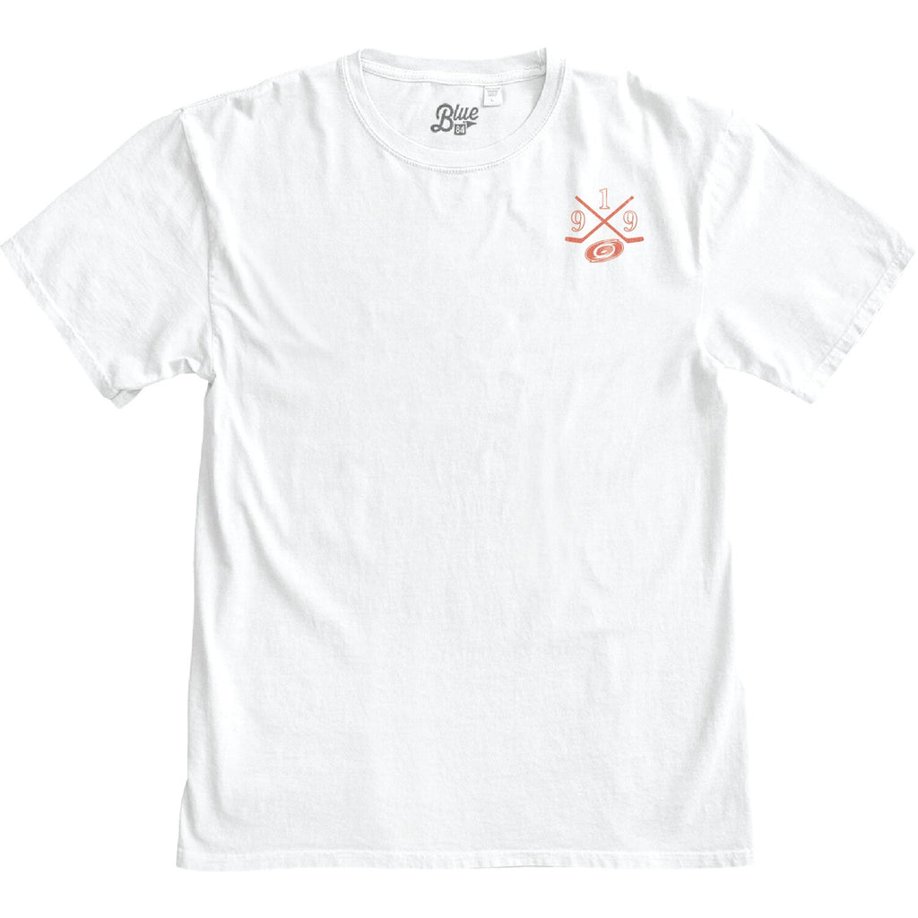 Front: White tee, orange art of crossed sticks with '919' split around the sticks with Primary logo on left chest