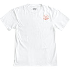 Front: White tee, orange art of crossed sticks with '919' split around the sticks with Primary logo on left chest