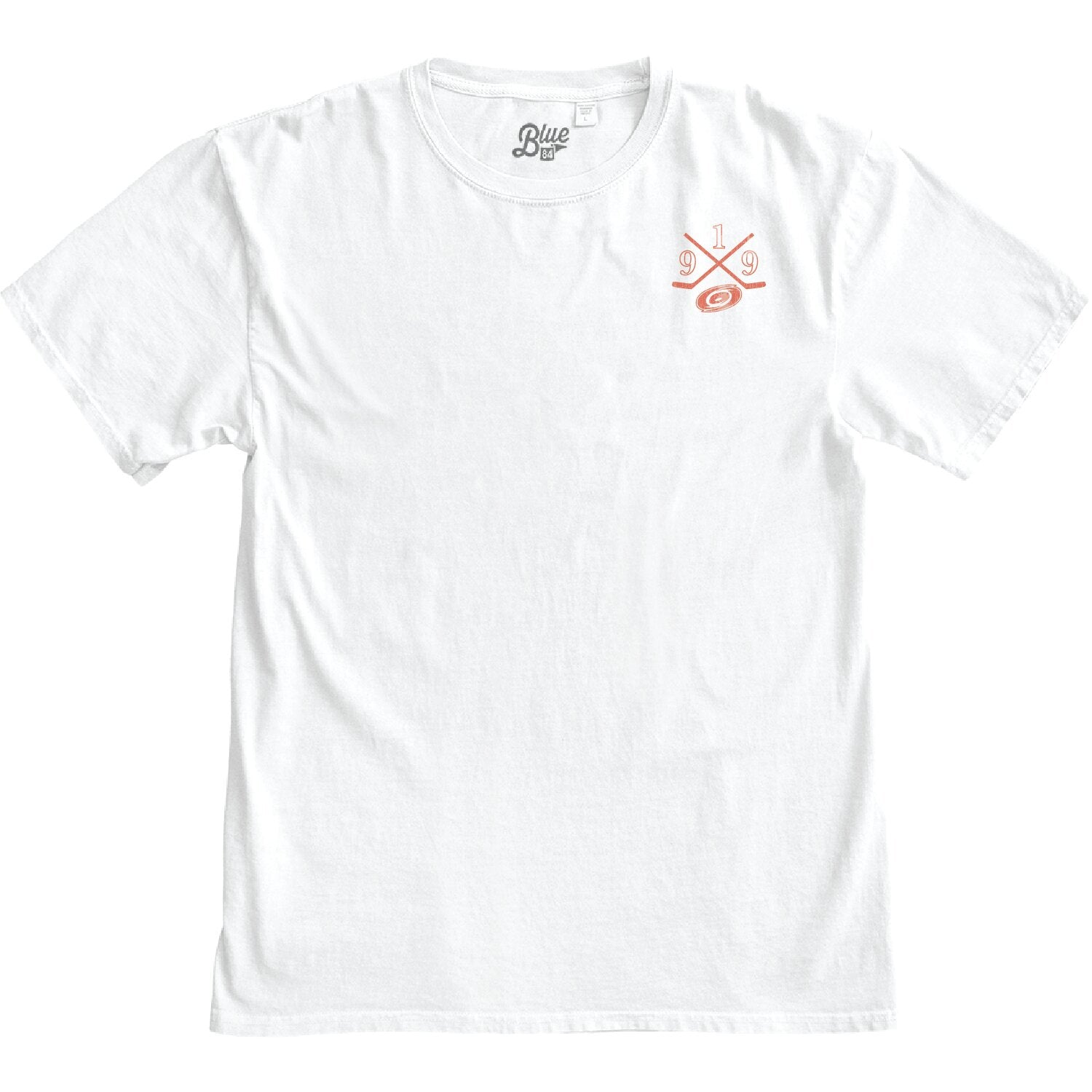 Front: White tee, orange art of crossed sticks with '919' split around the sticks with Primary logo on left chest