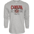 Gray longsleeve, red/black artwork on front featuring laurels, "CAROLINA" "EST. 1997", and "Raleigh, NC" around Primary logo