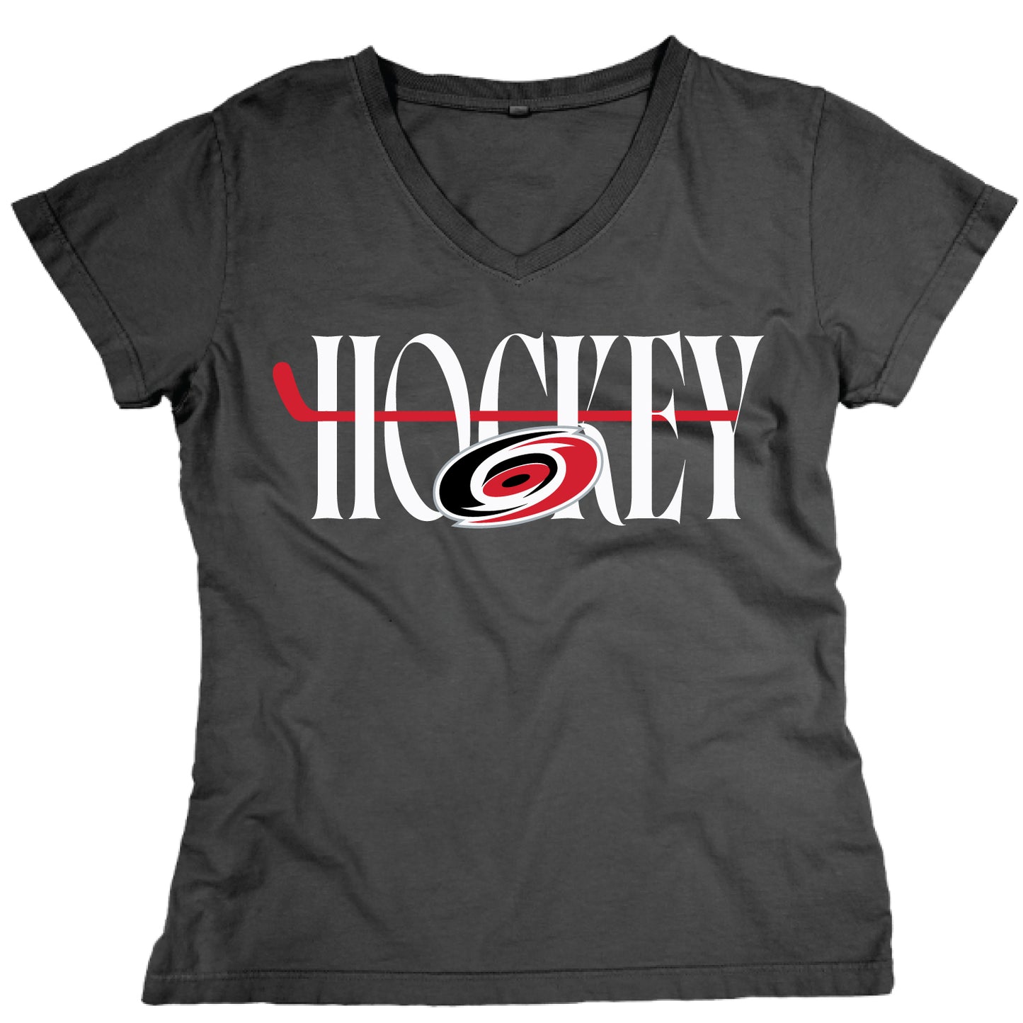 Black tee, "HOCKEY" in white with red hockey stick, Primary logo overtop