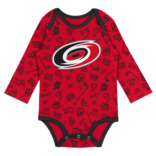 Front: Red onesie with black pattern, black trim, primary logo on front