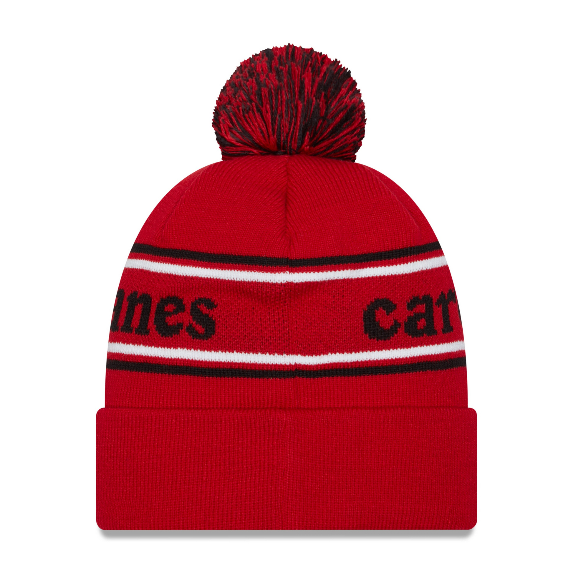 Back: Red beanie with white and black stripes, says carolina hurricanes wrapped around