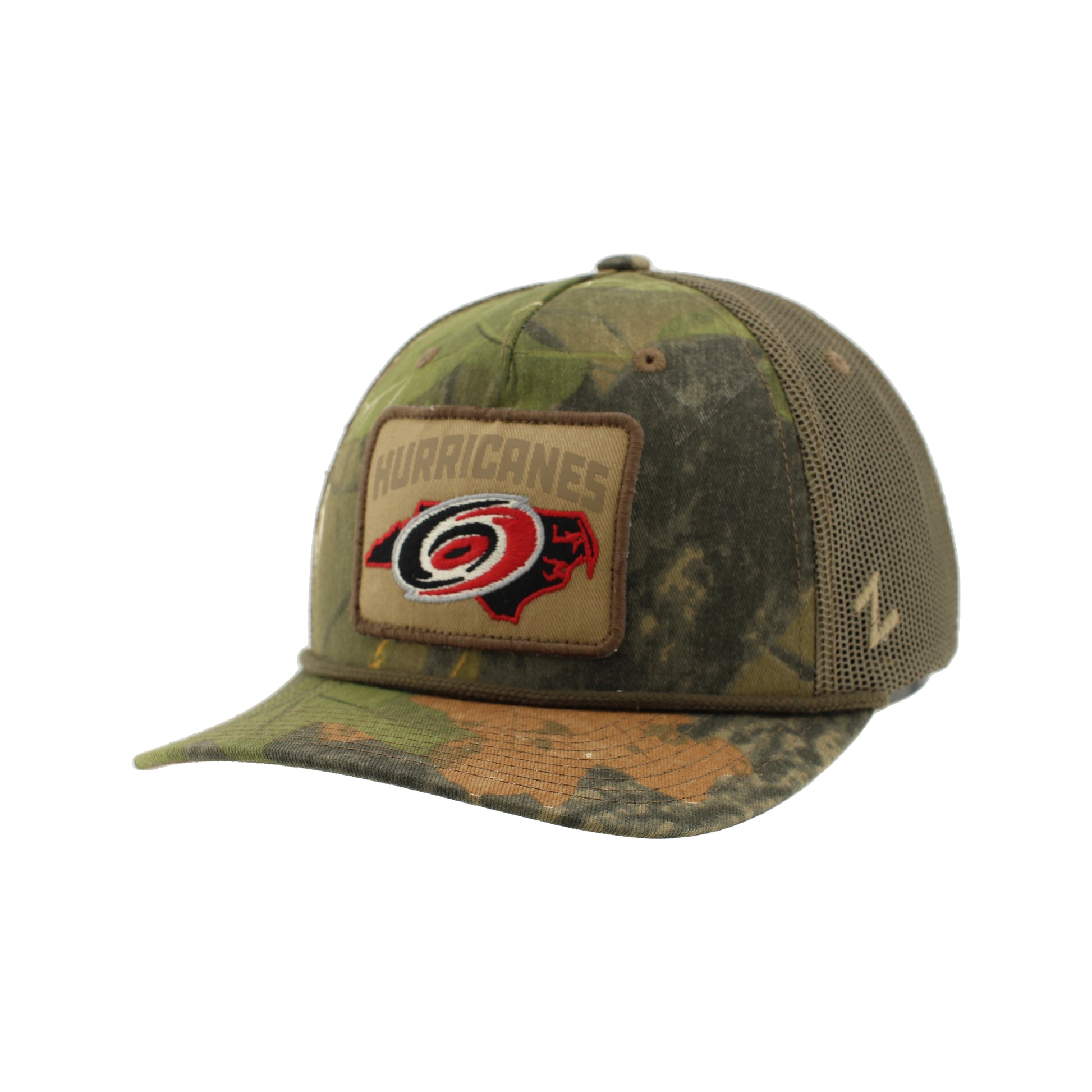 Front: Camouflage hat, rectangular patch says "HURRICANES" arched above primary logo on shape of NC