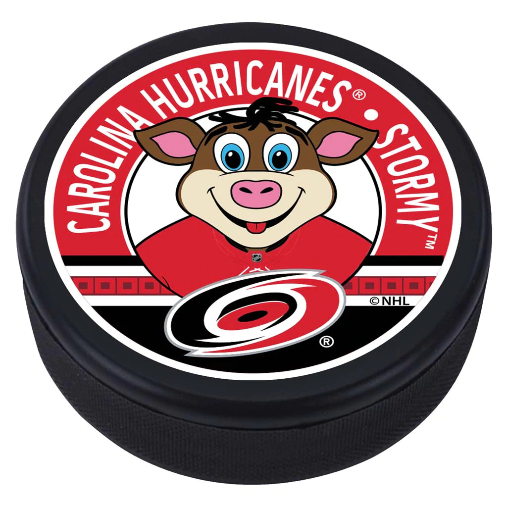 puck that says Carolina Hurricanes Stormy with graphic of Stormy the Ice Hog