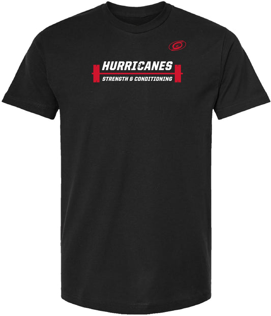 Front: Black tee, says Hurricanes Strength & Conditioning in white around red barbell