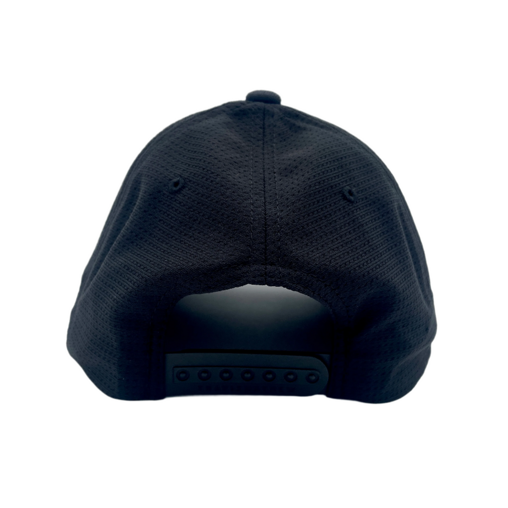 Back: Black hat with black snapback straps