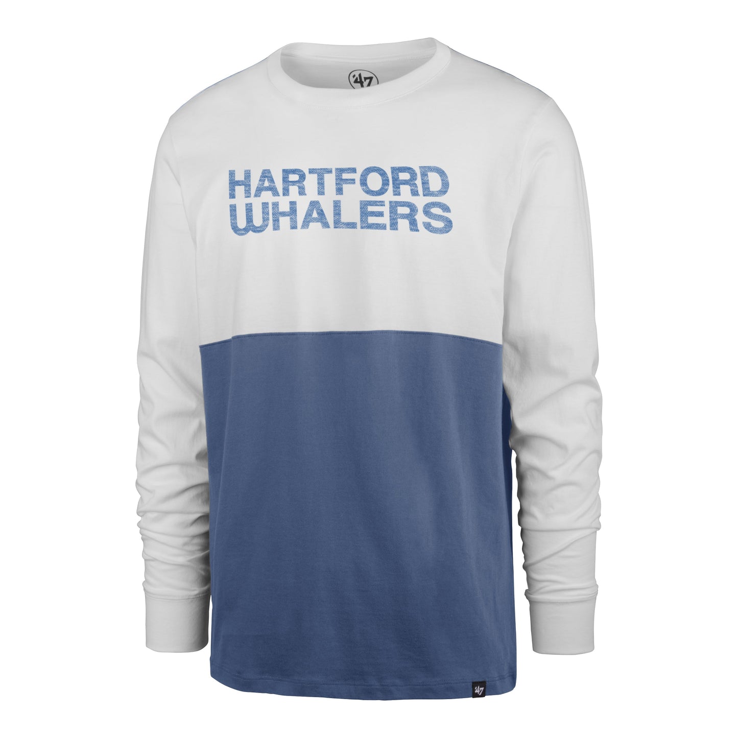 Front: White and blue longsleeve with white sleeves, Hartford Whalers in blue across chest