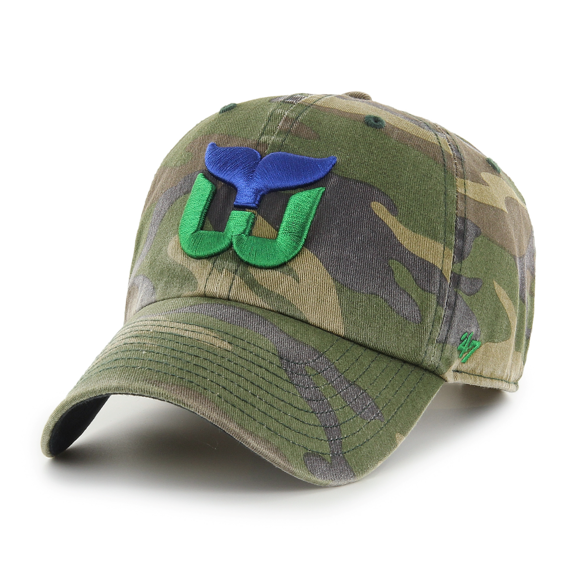 Front: Camouflage hat with Whalers logo on front, green 47 logo on left side